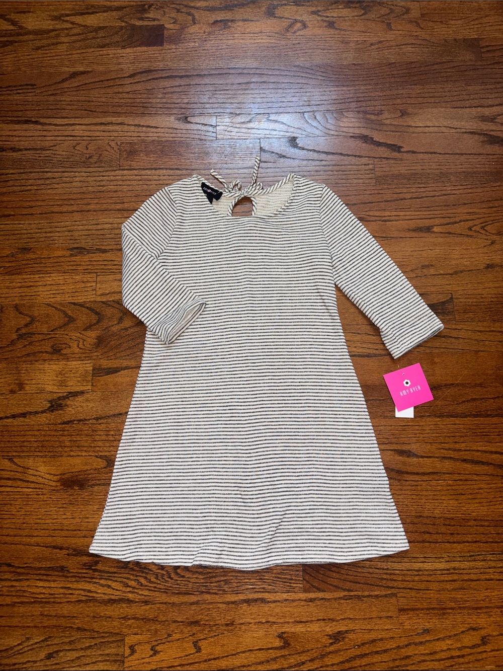 NWT! Amy Byer Ivory and Black Striped Knit Kids Dress with Keyhole Tie